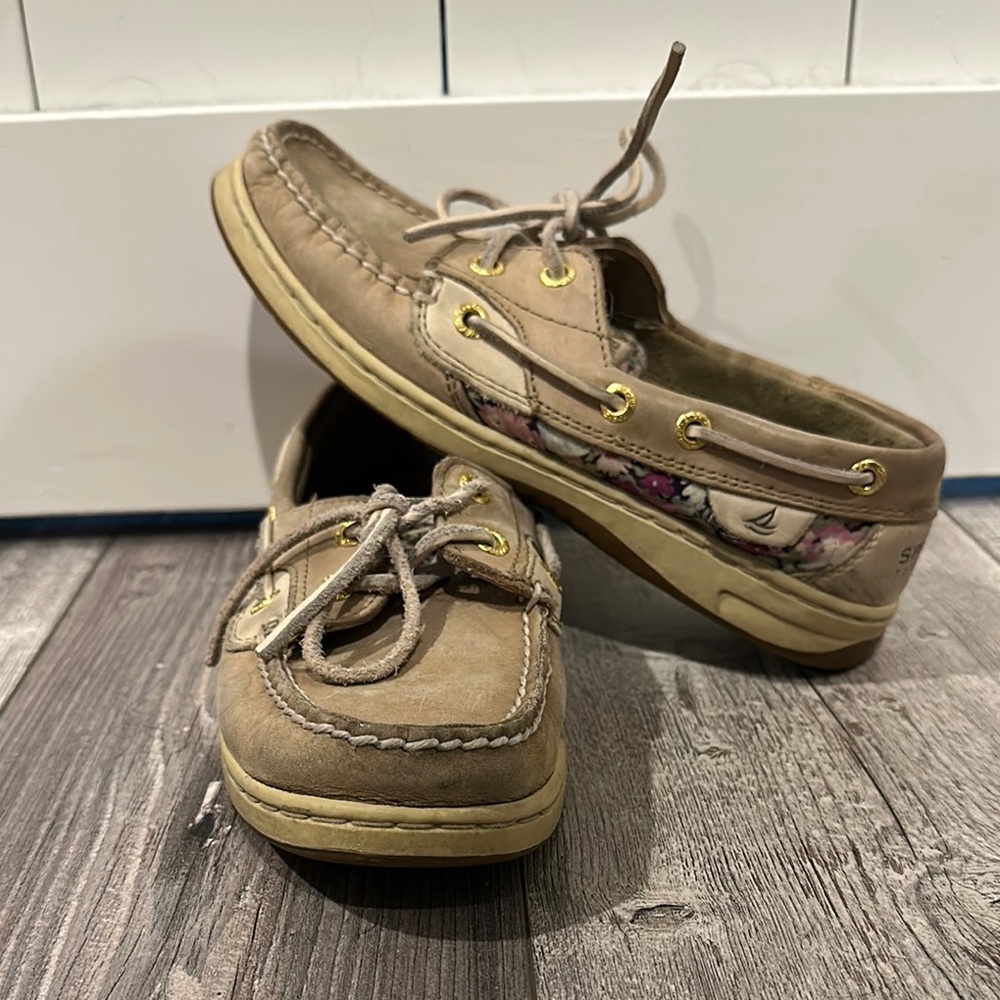 Tan Boat Shoes with Floral Detail
